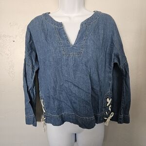 Madewell Women's XS Denim Blue Long Sleeve Blouse Shirt Lace Up Side Top Jean